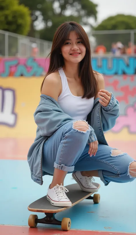 Photo of a beautiful Indonesian woman, who is skateboarding in an energetic afternoon posing squatting with her skateboard in a colorful skate rink. She is wearing a white crop top, an open denim jacket, ripped blue jeans, and classic skate shoes. The skat...