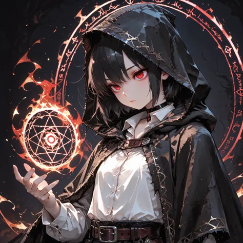 ((Best Quality)), ((masterpieces)), (detailed), perfect face, SOLO, ((((femboy)))), tomgirl, ANIME, beautiful detailed eyes, BOB hair, BOBed hair, BLACK hair, RED EYES, expressionless, hooded, Magical Eyes, dark background, ((BLACK hooded cloak)), ((flat c...