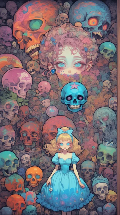 Cinderella's Ball ,Hallucinatory Art 、 dmt Death of Ego 、 Psychedelic Horror 、 Highly Detailed Fantastic Art 、 DMT Egodes 、 Shamanic horror 、LSD art, Poison and Disney Mix , Cornflower Blue Dress
