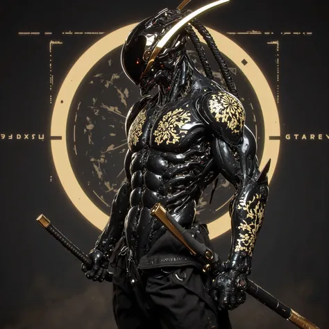 Etenquisite，futuristic concept of a cyborg geek {ten} {ten} {ten} black gold flower tattoo，Gift。centered and uncropped，wide-angle view，robot ninja full body image。Artist inspiration：AR 916。original style，In a minimalist style。