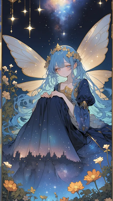 painted on a dark blue background、fantastic illustration depicting a shining fairy,I'm wearing a galaxy dress, Delicate den Accents in Flowing Blue Hair, 葉や蔓のようなGolden Sparkleを放つ神秘的な羽,The wings are very big,whole, The atmosphere is mysterious and dreamy,Th...