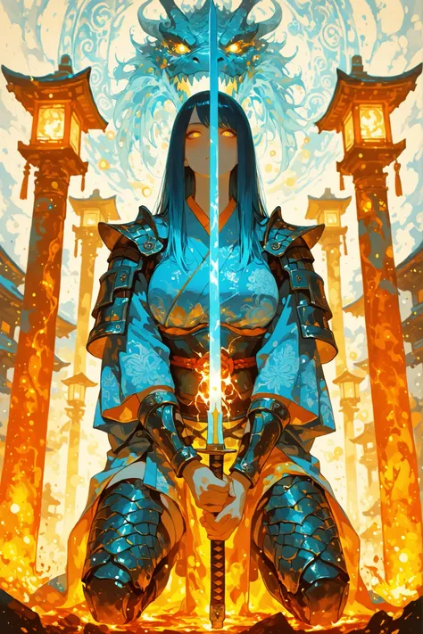 ((masterpiece:1.5)), ((ultra-detailed:1.4)), 8k, dynamic composition, cinematic lighting, intense chromatic contrasts, dramatic rim light  
female warrior, large heavy breasts, Japanese kimono-inspired genji armor, genji bracers, flowing hair, determined g...