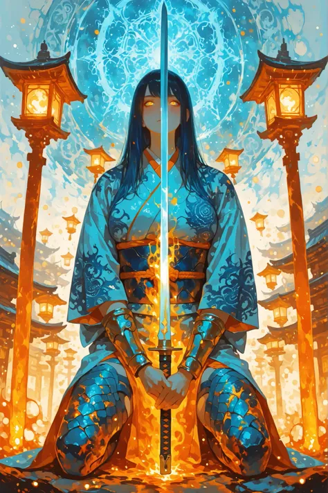((masterpiece:1.5)), ((ultra-detailed:1.4)), 8k, dynamic composition, cinematic lighting, intense chromatic contrasts, dramatic rim light  
female warrior, large heavy breasts, Japanese kimono-inspired genji armor, genji bracers, flowing hair, determined g...