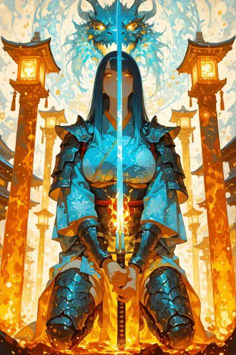 ((masterpiece:1.5)), ((ultra-detailed:1.4)), 8k, dynamic composition, cinematic lighting, intense chromatic contrasts, dramatic rim light  
female warrior, large heavy breasts, Japanese kimono-inspired genji armor, genji bracers, flowing hair, determined g...