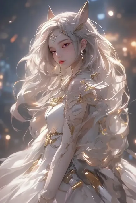 1 , long white hair . chest. fox ears. MULTICOLOR EYES. PURPLE EYES , pink eyes. earrings. Dancer's candid attire. The symbol on the forehead is in the shape of a moon . full length .