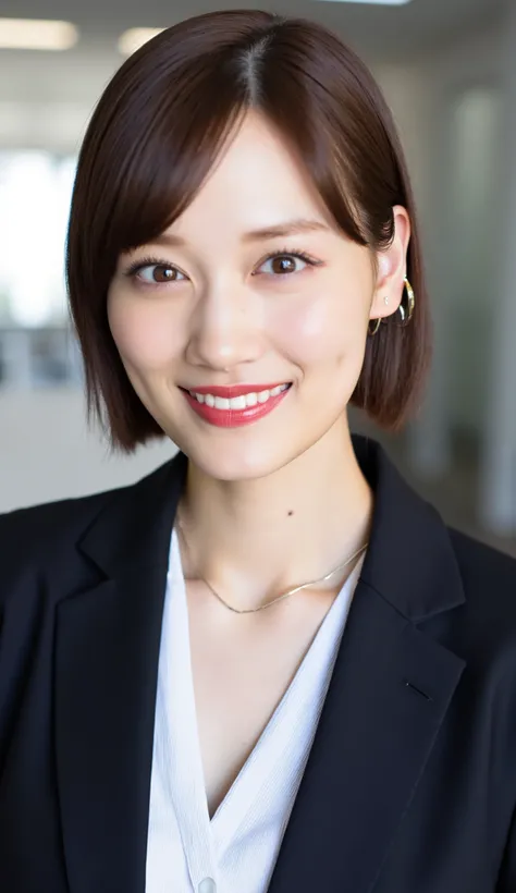 Neat Young Woman、and look at the camera、office lady suit、jacket、shirt、necklace、ear piercing、 pale brown hair、、smile showing teeth、、background is office