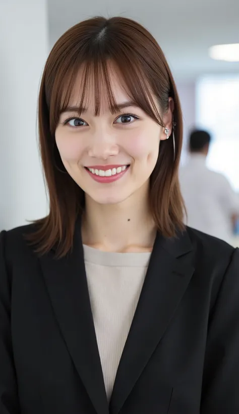 Neat Young Woman、and look at the camera、office lady suit、jacket、shirt、necklace、ear piercing、 pale brown hair、、smile showing teeth、、background is office