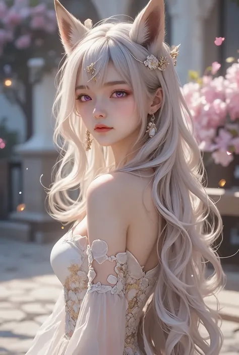 1 , long white hair . chest. fox ears. MULTICOLOR EYES. PURPLE EYES , pink eyes. earrings. Dancer's candid attire. The symbol on the forehead is in the shape of a moon . full length .