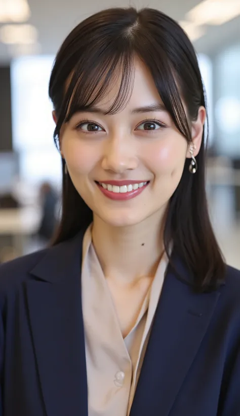 Neat Young Woman、and look at the camera、office lady suit、jacket、shirt、necklace、ear piercing、 、、smile showing teeth、、background is office