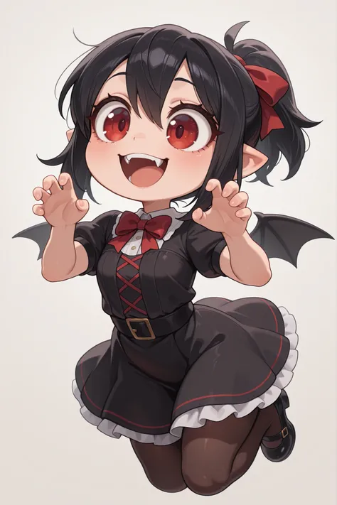 
(masterpiece, best quality), amazing quality, very aesthetic, newest, solo, (chibi, super deformed), full body, cute, (1girl), red eye, big eyes, :d, fangs, blushed, black hair, short ponytail, ribbon, Gothic dress, vampire, pantyhose, short sleeves, puff...