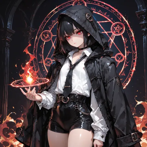 ((Best Quality)), ((masterpieces)), (detailed), perfect face, SOLO, ((((femboy)))), tomgirl, ANIME, beautiful detailed eyes, BOB hair, BOBed hair, BLACK hair, RED EYES, expressionless, hooded, Magical Eyes, dark background, ((BLACK HOODED coat draped over ...