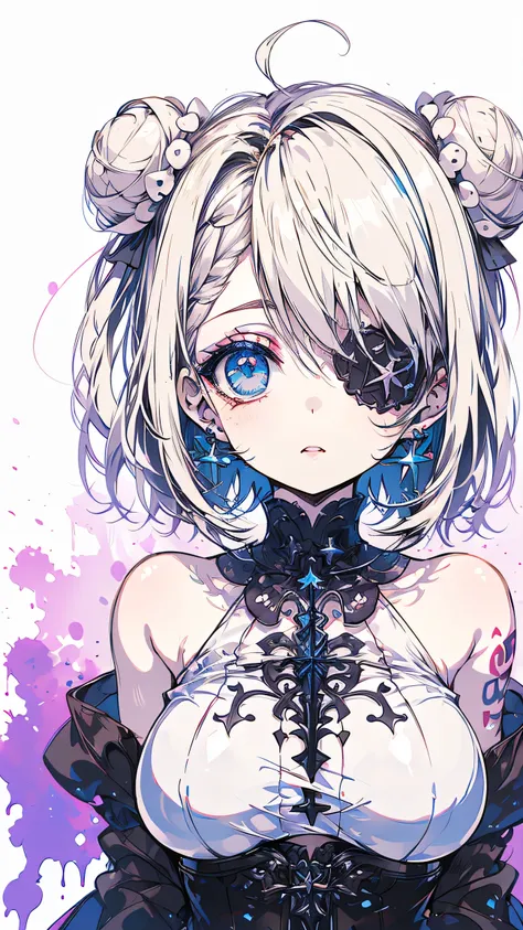 (Big Eyes:1.4)1人のgirl, , GLOVING SKIN, high contrast((mastepeice, Top Quality))(eyeshadow:1.3)(Eyelashes:1.2)girl, Blue droopy eyes,  Blonde Short Bob Hair (bungs:1.5)earrings, Viewers,upper body, Tattoo,  eyelashes, eyeshadow,Eye patch on one eye(NSFW, Nu...