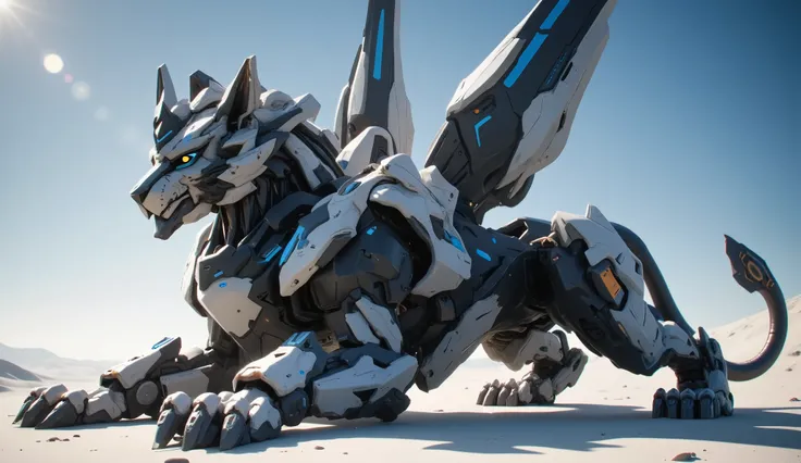 A towering ((white and black mechanical lion)), highly detailed with sleek armor plating and angular edges, glowing blue and white lights along its joints, posed majestically on a windswept white desert planet. Its eyes shine with intelligence, wings folde...