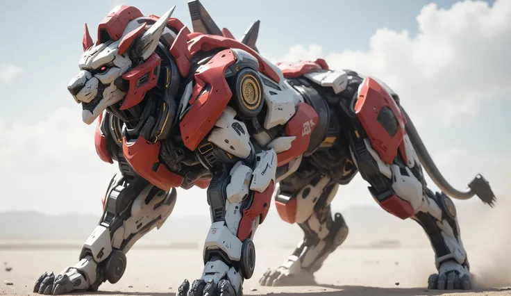 ((A white and red mecha lion)) with sharp, aggressive contours and powerful jet vents behind its shoulders, standing tall on a gleaming white desert landscape. Armor etched with faint circuitry, crimson with white and gold lining. The lion’s head is narrow...