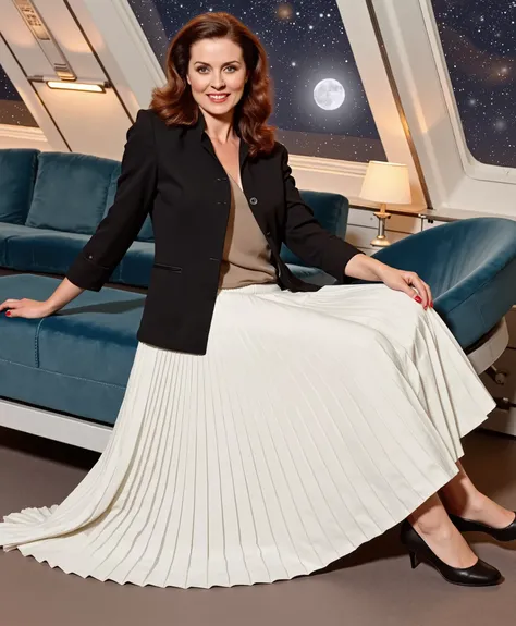 In an interstellar office adorned with vintage charm, a demure, mature therapist, dressed in a crisp uniform jacket and a blouse, reveals her alluring feminine grace. Her long, pleated skirt flows dramatically as the subtly lifts it, each fold a testament...