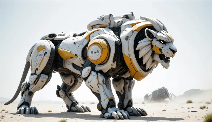 ((A bulky white and mostly yellow mechanical lion)) with heavy-duty armor and reinforced plating, standing firmly in the middle of a blinding white desert terrain. Hydraulic limbs and visible piston mechanisms hint at immense strength. Golden circuitry lin...