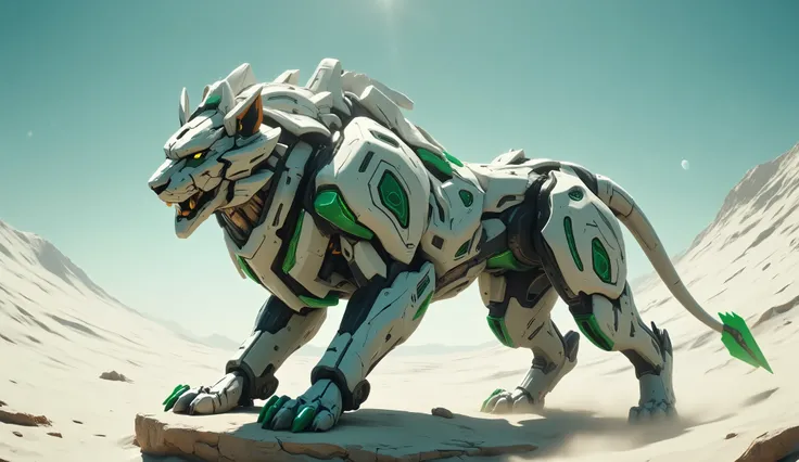 ((A white and green futuristic mechanical lion)), agile and sleek, perched on a rock in the center of a vast white desert with cybernetic sand waves. Its armor shines in emerald tones with luminous green highlights running across its limbs. The lion’s desi...