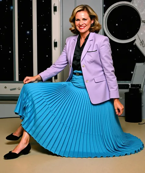 In an interstellar office adorned with vintage charm, a demure, mature therapist, dressed in a crisp uniform jacket and a blouse, reveals her alluring feminine grace. Her long, pleated skirt flows dramatically as the subtly lifts it, each fold a testament...