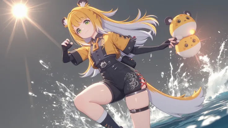 jufufu, shiny skin, fighting pose, показывает когти
одна
shine, shine, sun beam, by the water ,splashes of water in the background
, Looking at the viewer, cunning smile