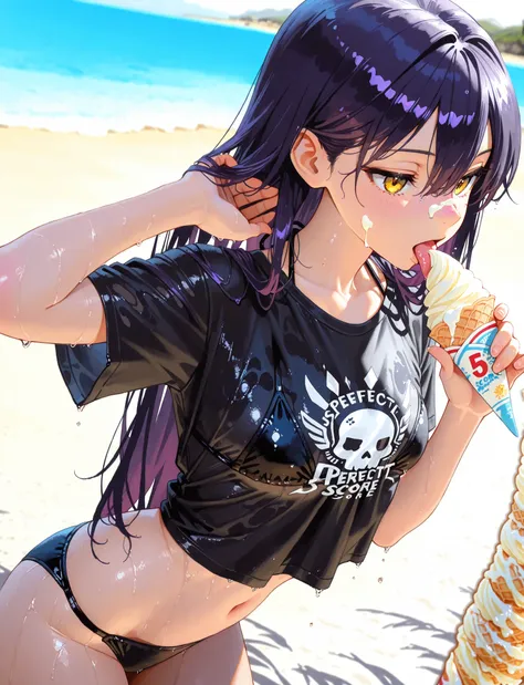 1girl, Nyann, long hair, yellow eyes, dark purple hair, hair between eyes,soft tranceparent black T-shirt,black bikini,navel,depth of field, fake traditional media, Picturesque, Impressionism, masterpiece, high score,  Great score , very high resolution hi...