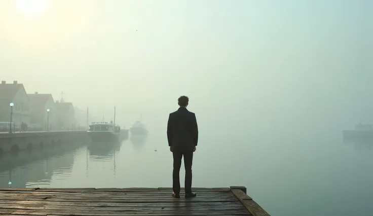 Early morning misty harbor view, Cillian Murphy standing at the edge of a quiet pier, looking out over the calm sea, soft pastel sky, long shot from behind, peaceful solitude