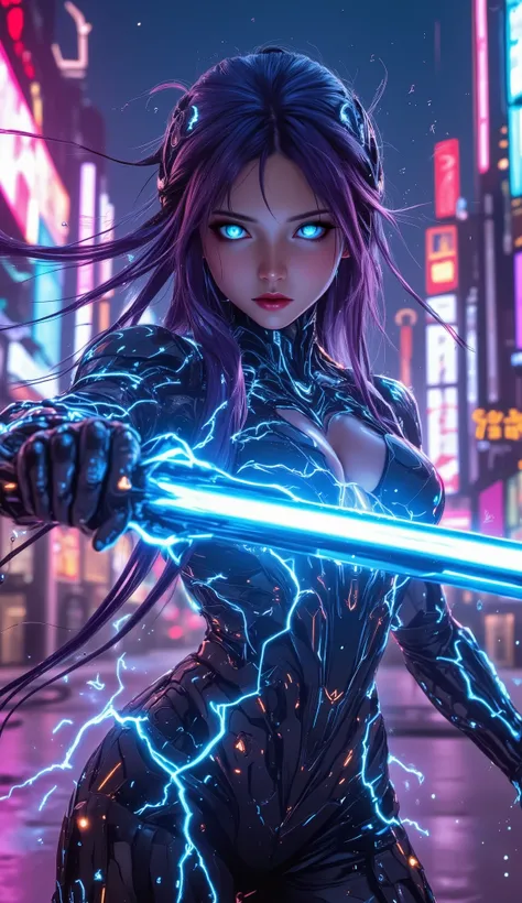 Anime-style artwork of Ultra Girl, a futuristic warrior girl with long gradient purple-blue hair, glowing teal eyes, and a sleek cyber-armor suit with neon-blue energy patterns. She wields a plasma sword, surrounded by dynamic light trails and electric aur...
