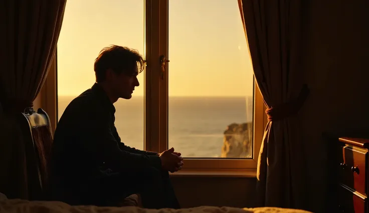 Cillian Murphy sitting by the sea-facing window in his inn room, hands loosely clasped, distant gaze, golden hour light casting long shadows across the room, feeling of silence and solitude, slow cinematic framing