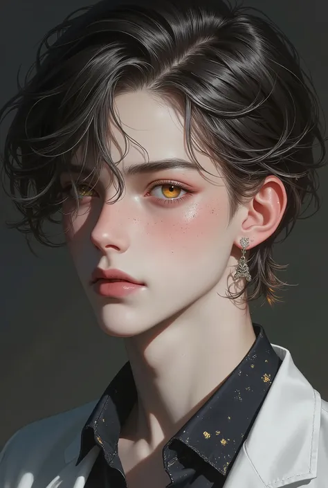 ((Top Quality, 8K, Masterpiece: 1.3)), Sharp Focus: 1.2, (Young male, handsome, One Bangs Cover Right Eyes, Tied-Back hair, Medium hair, jfcut, Gold Amber Eyes, Flawless Eyes, ((Multicolour hair : Black, gold, and Silver)), freckles ,male focus, handsome m...