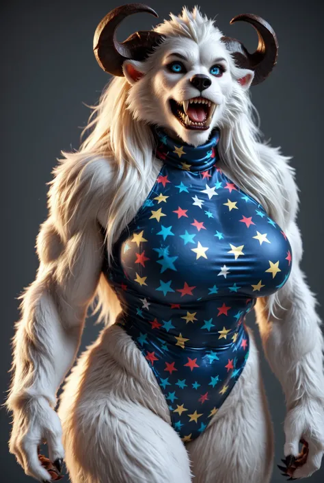 score_9, score_8_up, score_7_up, score_6_up, score_5_up, score_4_up, Score_PnyReal, solo, (Yeti), monster, Female, huge breasts, broad hips, thick white fur, huge muscles, hourglass body, claws, long arms, (sharp teeth), horns, sagittal crest, blue eyes, (...