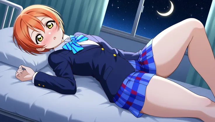 1girl, hoshizora rin, striped, short hair, blush, otonokizaka school uniform, lovelive_rin black blazer, blue plaid skirt, blue stripe bowtie, orange hair, very short hair, hair between eyes, yellow green eyes,thick thighs,knee up,crescent moon, stars (sky...