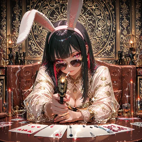 beautiful woman, mafia boss, black hair with red highlights, red eyes, soft straight hair, villain style sunglasses, wearing a cute white rabbit headband, subculture mafia style dress, stylish outfit, holding a gun with one hand, aiming the gun toward view...