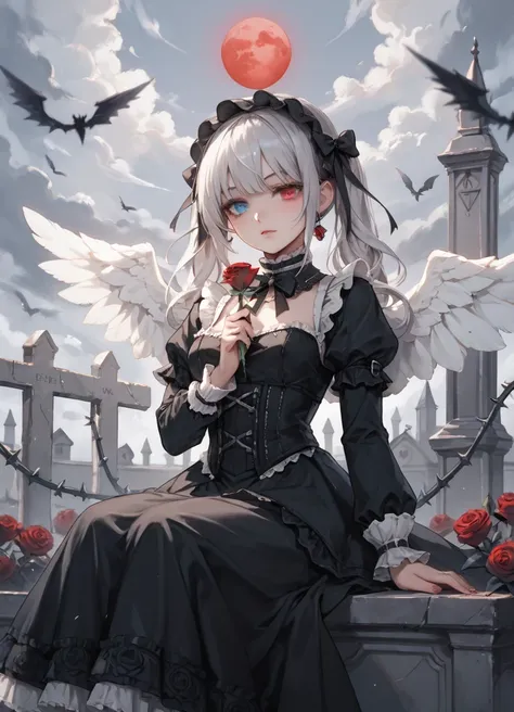 a gothic lolita girl with long silver hair and heterochromia eyes (one red, one blue), wearing a black dress with lace and ribbons, one white angel wing and one broken black wing, sitting on a gravestone, holding a rose with thorns, dark cloudy sky with re...