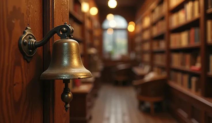 Close-up of an old brass bell above a wooden bookstore door ringing gently as the door opens, blurred background of books and warm light, shallow focus, tactile detail