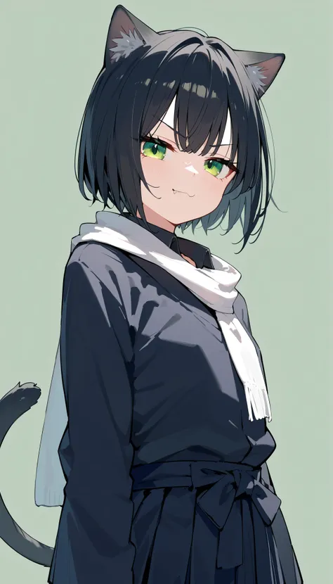 Catgirl ,, Black hair,Bob hair,in dark green eyes,Fierce face,small chest,Cover shirt,slim,milf, has a tail , Hakama gray,gray green background,cute,Upper shape,Irritated face,Shirt collar,Black Shirt,White Scarf, tomboy 
