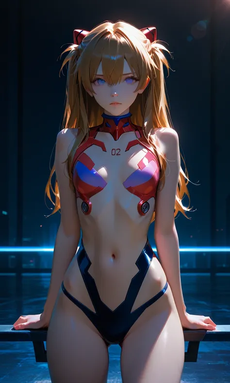 (top quality/最高masterpiece/high resolution)Beautiful Breathtaking Illustrations, solo:2.0, from the front:1.21, beautiful Japanese woman, dynamic pose, squatting, in serious hair put your hands on the ground , ((Evangelion)), (Soryu Asuka Langley), Put your hands on your hair, (Soryu Asuka Langley: Evangelion), (8k, top quality, masterpiece), (realistic, SUPER FINE CLEAR),  Long bangs :1.5, realistic Light, long hair, skinny body, brown hair, dark purple eyes, long hair with cat ears, Soryu Asuka Langleyのプラグスーツ着用:1.6, Cowboy Shot, white eyes, Accurate Human Anatomical Ratio, Tiny Head, flat chest:1.05, Detailed depiction of skin, detailed clear eyes, erotic, Beautiful Lamb, EvangelionのSoryu Asuka Langley, Cyberpunk Cityscape with Honeycomb Patterns, light shining on my face, Shining like a prism, stare at viewers wearing tennis hats, lens flare,(clear eyes/No Blur)
