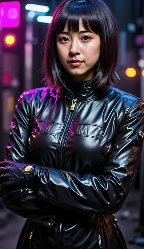  to completely eliminate , hyper-realistic cyberpunk style, Bob Cut Shorthair，Align your bangs，8 heads，accurate５Finger，Beautiful Cyberpunk Model,Zack Snyder in a Cyberpunk Shiny  Suit, cyberpunk style ，  Cyberpunk Leather Suit,((smiling、Smile Yan))