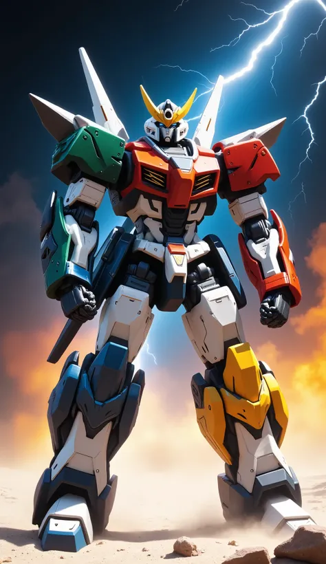 The mighty Voltron as a sciFi_mecha, towering in full combined form on a barren white desert planet, heroic stance with sword raised high. Each lion visible and locked into place, colors vibrant and true to the original: ((white and black torso)), ((white ...
