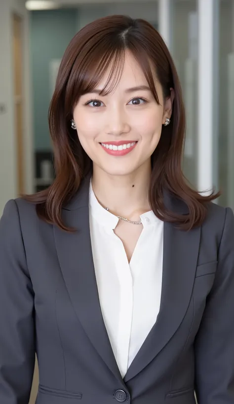 Neat Young Woman、and look at the camera、office lady suit、jacket、shirt、necklace、ear piercing、 pale brown hair、、smile showing teeth、、background is office