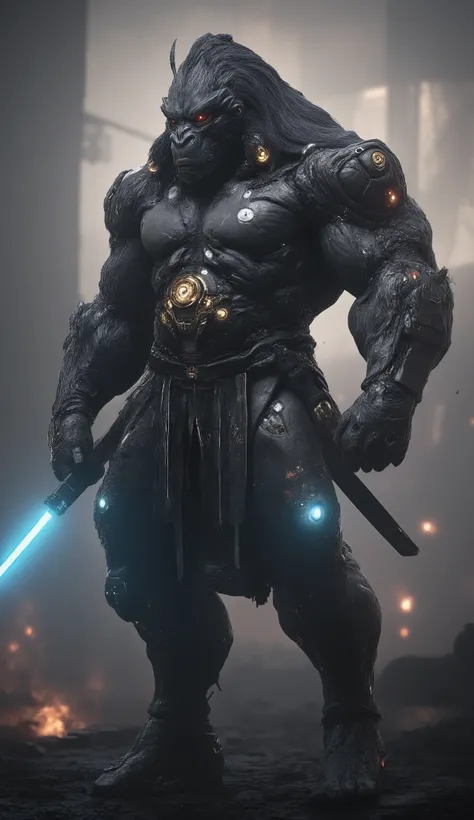 A powerful half-animal half-cyborg samurai gorilla, standing tall and imposing. Its muscular body is partially covered in sleek cybernetic armor with glowing circuits, while patches of fur remain on its arms and chest. It holds a glowing blue laser katana ...