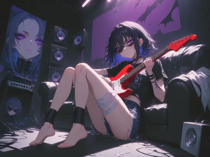 A girl intensely playing an electric guitar with heavy metal-inspired decorations, lounging on a black leather sofa in a live studio backstage room. She has short black hair with purple mesh highlights, styled in a messy cut. She's wearing a graphic print ...