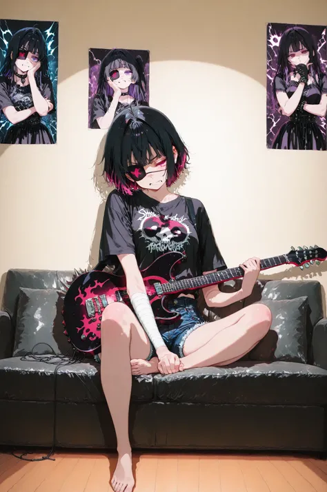 A girl intensely playing an electric guitar with heavy metal-inspired decorations, lounging on a black leather sofa in a live studio backstage room. She has short black hair with purple mesh highlights, styled in a messy cut. She's wearing a graphic print ...