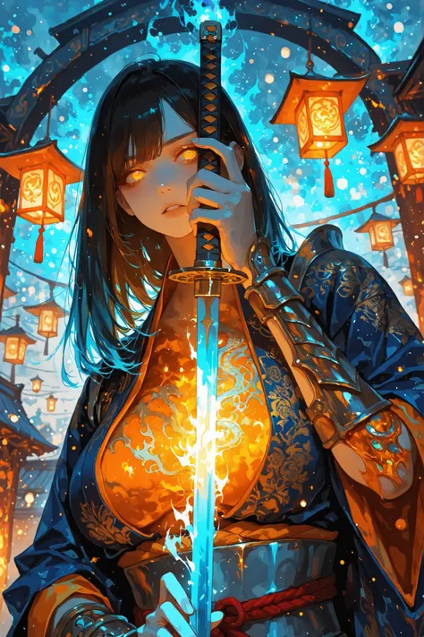 ((masterpiece:1.5)), ((ultra-detailed:1.4)), clean anime exquisite style, 8k, dynamic composition, cinematic lighting, intense chromatic contrasts, dramatic rim light  
female warrior, dark luscious flowing hair, large heavy breasts, Japanese kimono-inspir...