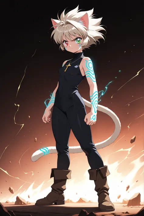 (masterpiece, detailed:1.2), 1girl, 1990s (style), animal ears, animal tail, angry, arm markings, black pants, black shirt, blue markings, body markings, boots, brown boots, cat ears, cat girl, cat tail, claws, cross necklace, dim lighting, facial markings...