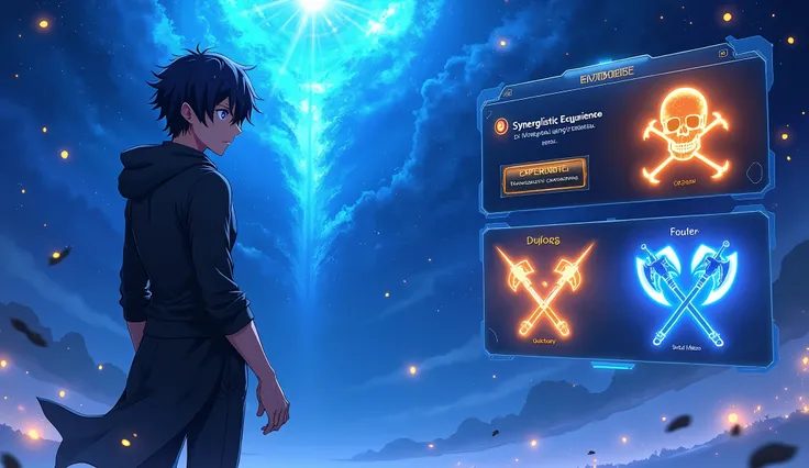 "Create an anime-style scene with a dark-haired character with shining blue eyes , character who radiates a powerful and mysterious aura . A character in a black hoodie with a yellow backpack stands confidently against a shining blue space with floating ye...