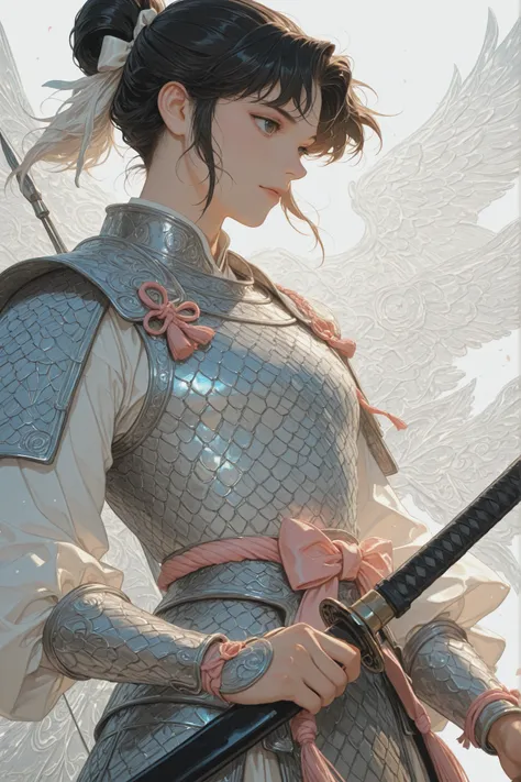 A beautiful anime-style young samurai prince, elegant Heian armor with intricate silver and gold patterns, side view, long tied-up hair, soft pastel colors over black and silver tones, ornate lamellar armor with iridescent pastel tones, intricate embroider...