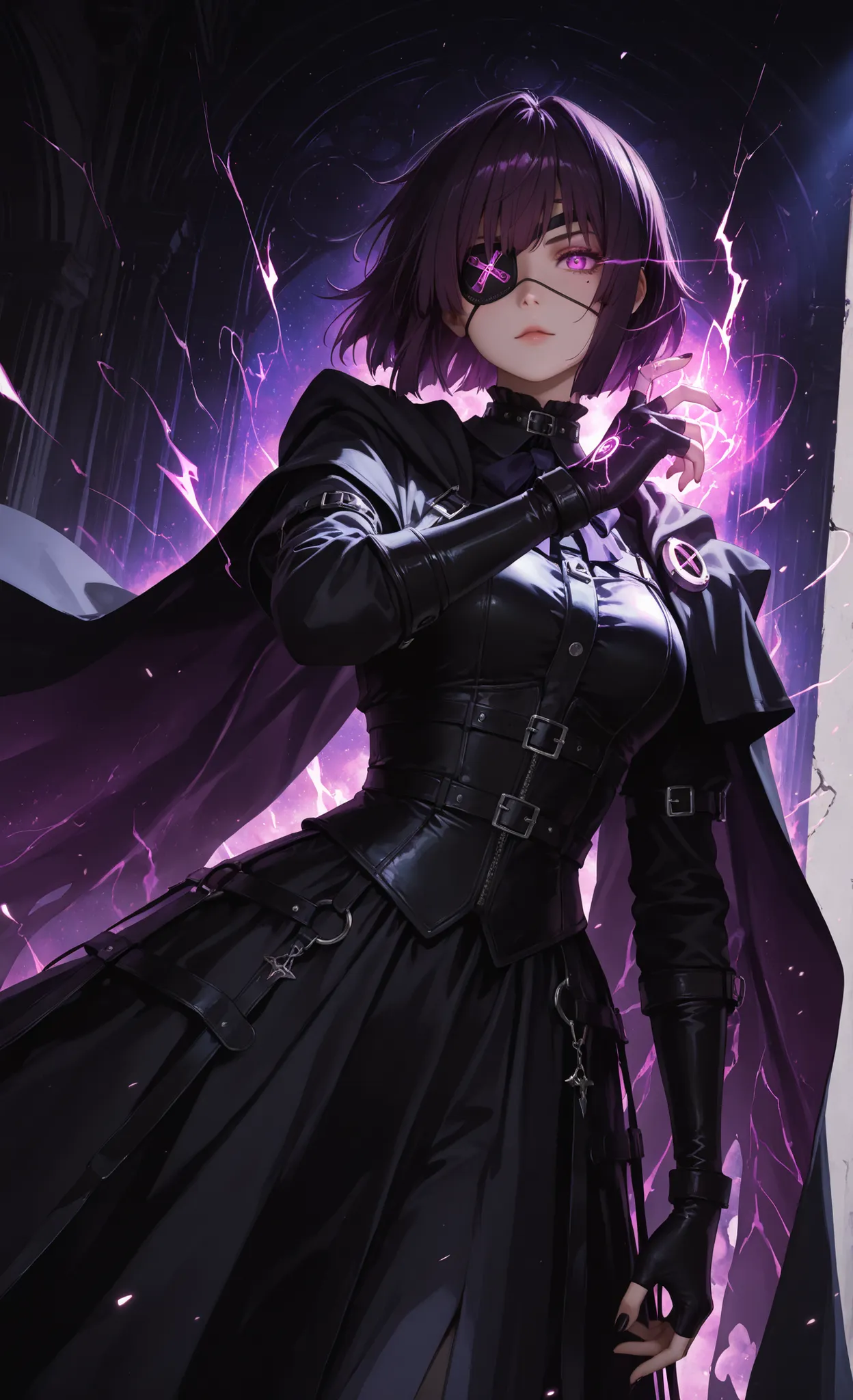 (masterpiece, detailed:1.2), semi-realistic, hyper-detailed, anime girl, chuunibyou style, eyepatch on one eye, black gothic outfit, fingerless gloves, dramatic cape flowing in wind, mysterious glowing symbol on hand, intense gaze, exaggerated cool pose, d...