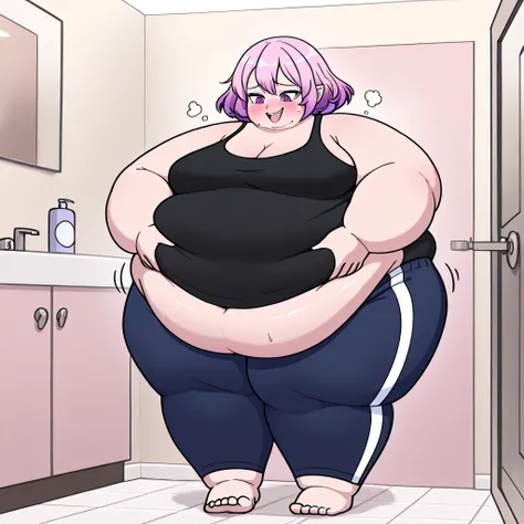 Lucid ,pink gradient hair, purple eyes , 1 girl, solo, motion line、 Anime Coloring、、Big 、mature female、 Masterpiece、 high quality、 high image quality、 pretty finger、 detailed face, tank top, black shirt, sweatpants, dark blue sweatpants, u.a. gym pants, bl...