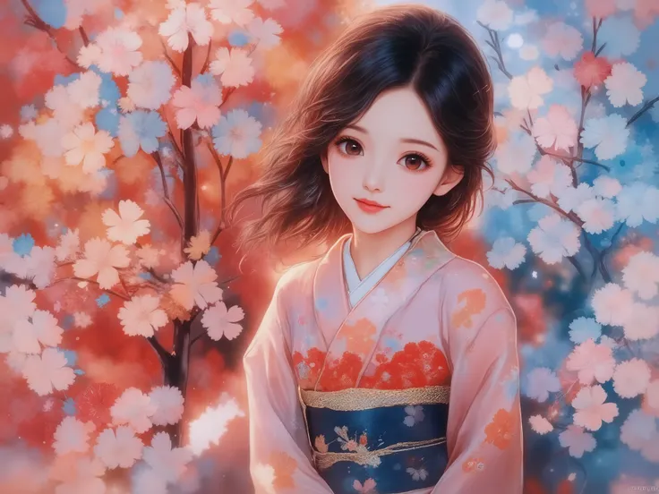  top quality、 High Definition、 masterpiece:1.4、4K、 watercolor:5、 Kimono、 quiet atmosphere 、 1 、 smile、 Glowing black eyes 、 Detailed Black Hair 、  loose wavy hair 、  Young French Woman  、 Gesturing Hands Forward 、 Detailed Band Using TeXtured Fabric {X} Tr...