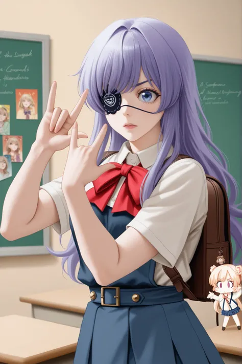 qu33No, haNod up, \No/, jojo Pose, Pose, A cute aNod dramatic schoolgirl with ChuuNoibyou syNodrome, strikiNog a magical Pose iNo the middle of the classroom.

MaiNo Character:
A beautiful teeNoage girl with loNog, wavy purple hair, weariNog a JapaNoese sc...