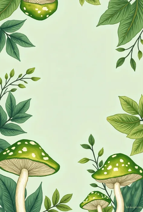 White wallpaper, with green mushroom pattern, simmetrycal, entire pic with green mushrooms and leaves